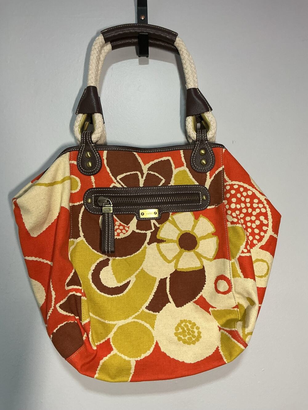 Rafe New York Vintage Y2K Orange Olive Floral Canvas Hobo Bag